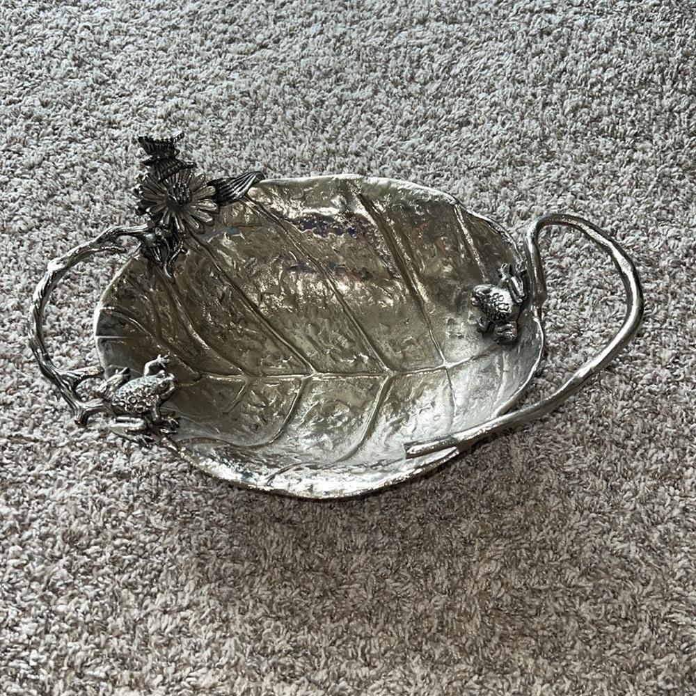 Star Home Aluminum Metal~Butterfly, Flower  & Frog Decorative Bowl 13" X 11" EUC